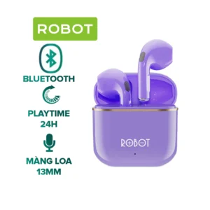Tai nghe Bluetooth ROBOT Airbuds T50S Purple Chính hãng (cảm ứng, 2 bên, v5.3, pin dùng 24h bao gồm hộp sạc) THAY THẾ CHO T50S White –SP 13293