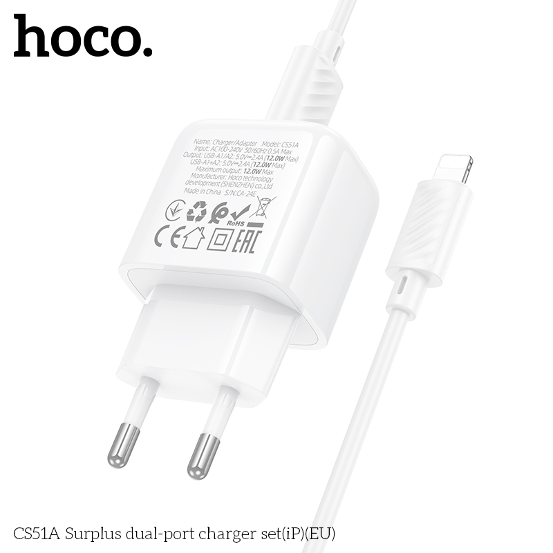 Bộ sạc HOCO CS51A cổng iPhone Lightning – Sạc nhanh, an toàn, tiện lợi 2 bo sac hai cong surplus cs51a ip eu