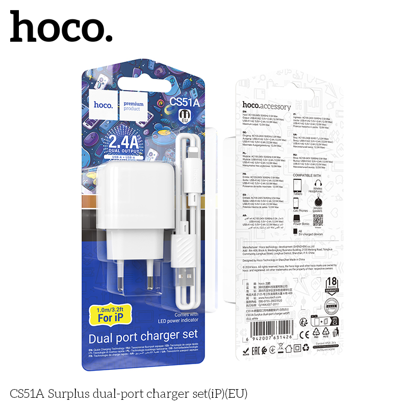 Bộ sạc HOCO CS51A cổng iPhone Lightning – Sạc nhanh, an toàn, tiện lợi 7 bo sac hai cong surplus cs51a ip eu