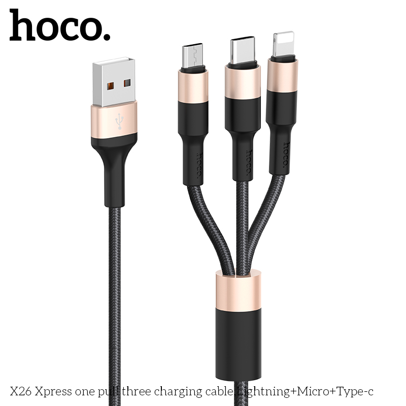 Cáp sạc Hoco X26 3 đầu lightning, micro USB, Type-C 1000mm