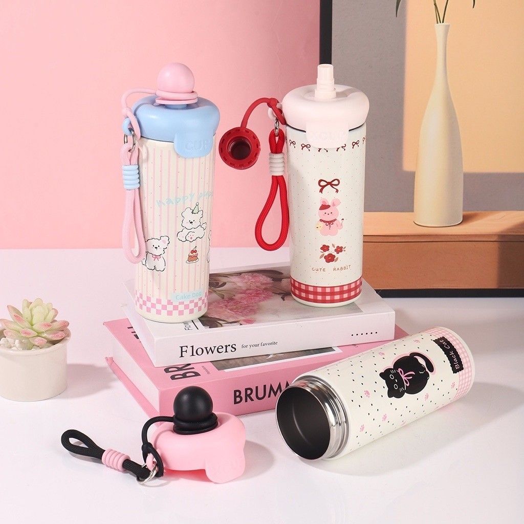 Bình/Ly giữ nhiệt Xcup sticker dây cầm núm mở tròn 600ml (HD1009)